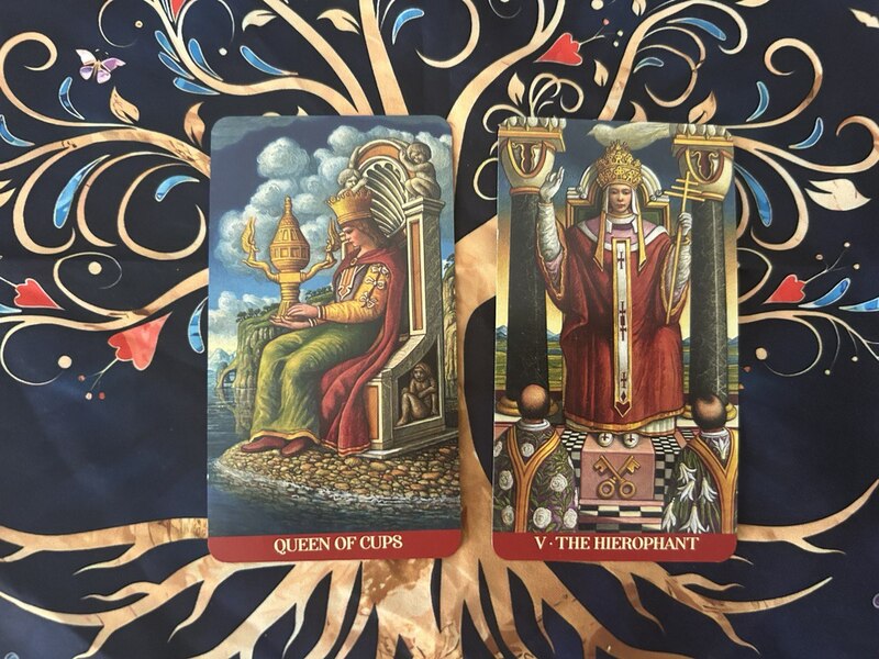 Queen of Cups and The Hierophant photo by Tarot Institute