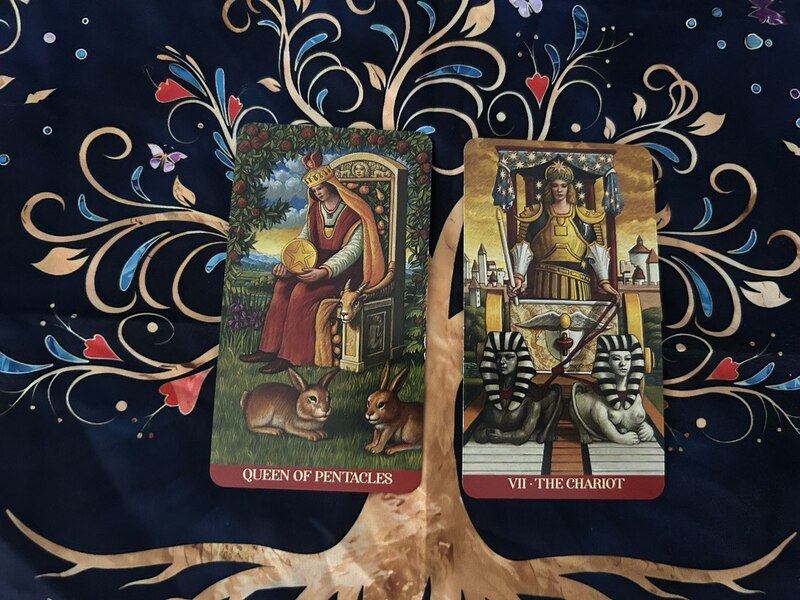 Queen of Pentacles and The Chariot photo by Tarot Institute