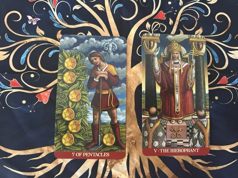 Seven of Pentacles and The Hierophant photo by Tarot Institute