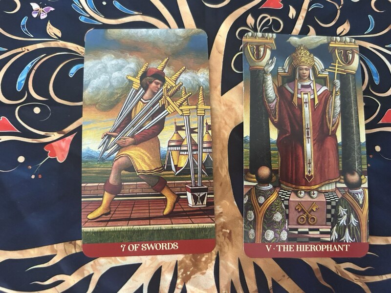 Seven of Swords and The Hierophant photo by Tarot Institute.