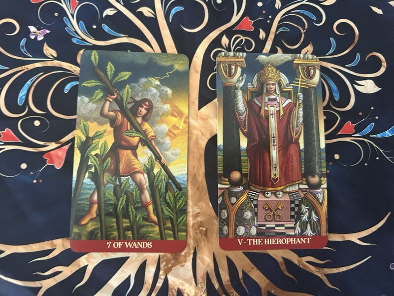 Seven of Wands and The Hierophant photo by Tarot Institute.