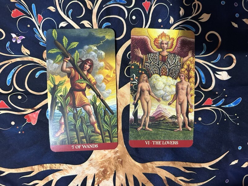 Seven of Wands and The Lovers photo by Tarot Institute