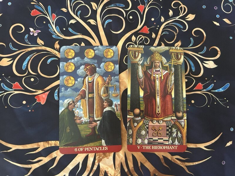 Six of Pentacles and The Hierophant photo by Tarot Institute