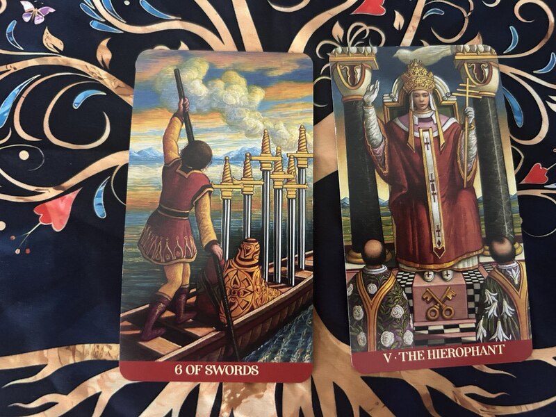 Six of Swords and The Hierophant photo by Tarot Institute