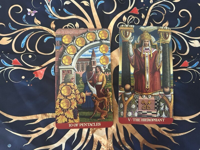 Ten of Pentacles and The Hierophant photo by Tarot Institute