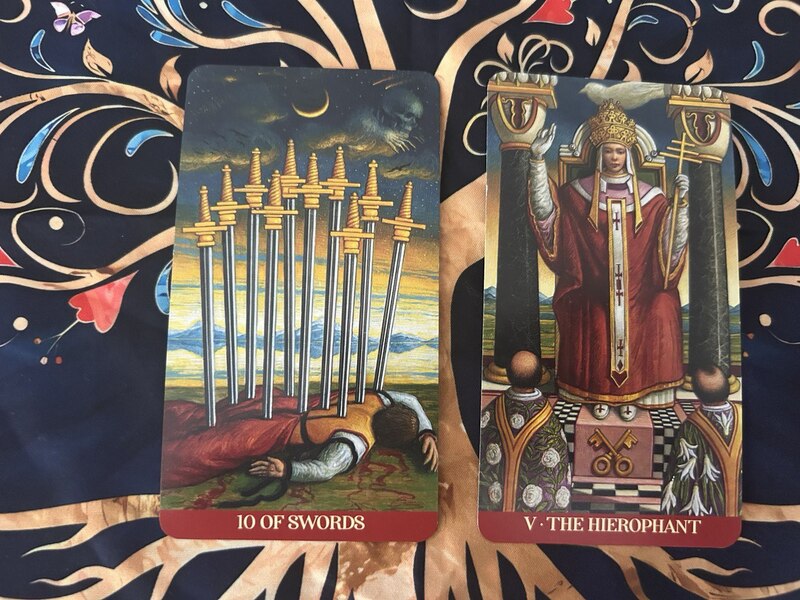 Ten of Swords and The Hierophant photo by Tarot Institute