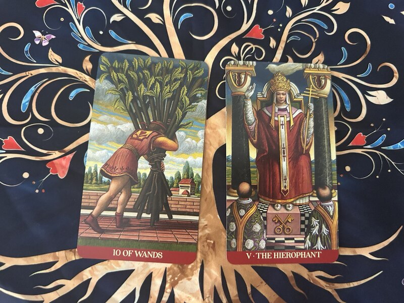 Ten of Wands and The Hierophant photo by Tarot Institute