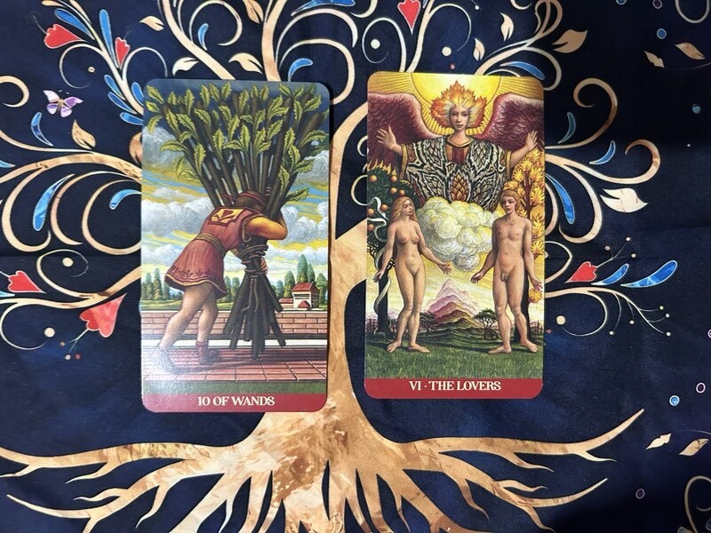 Ten of Wands and The Lovers photo by Tarot Institute.