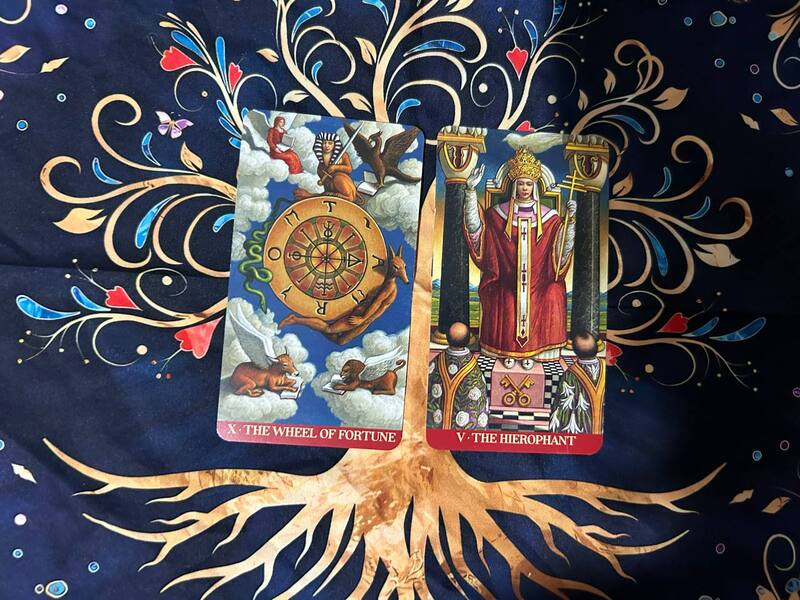 The Wheel of Fortune and The Hierophant photo by Tarot Institute.