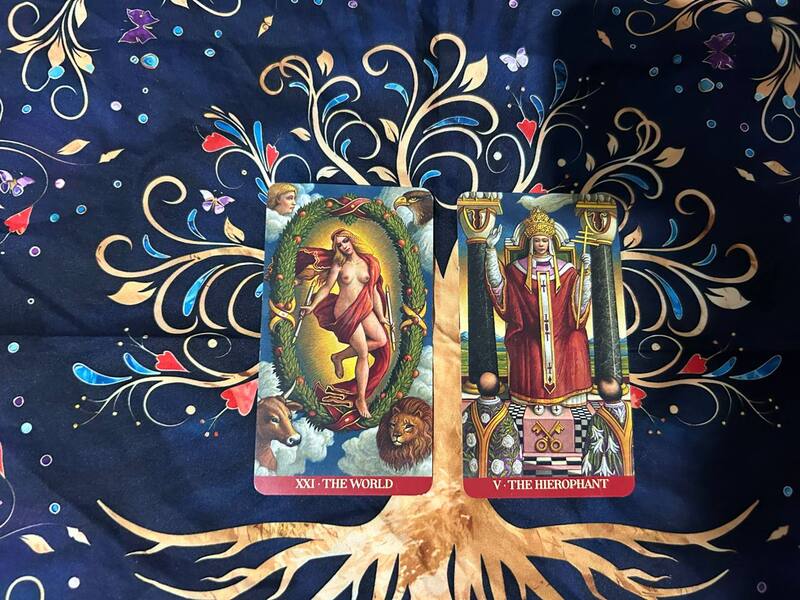 The World and The Hierophant photo by Tarot Institute.