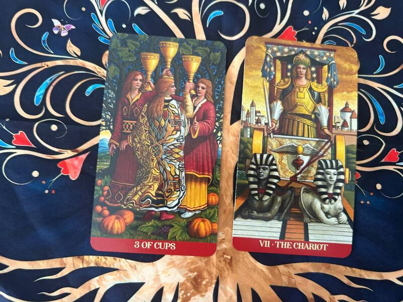 Three of Cups and The Chariot photo by Tarot Institute