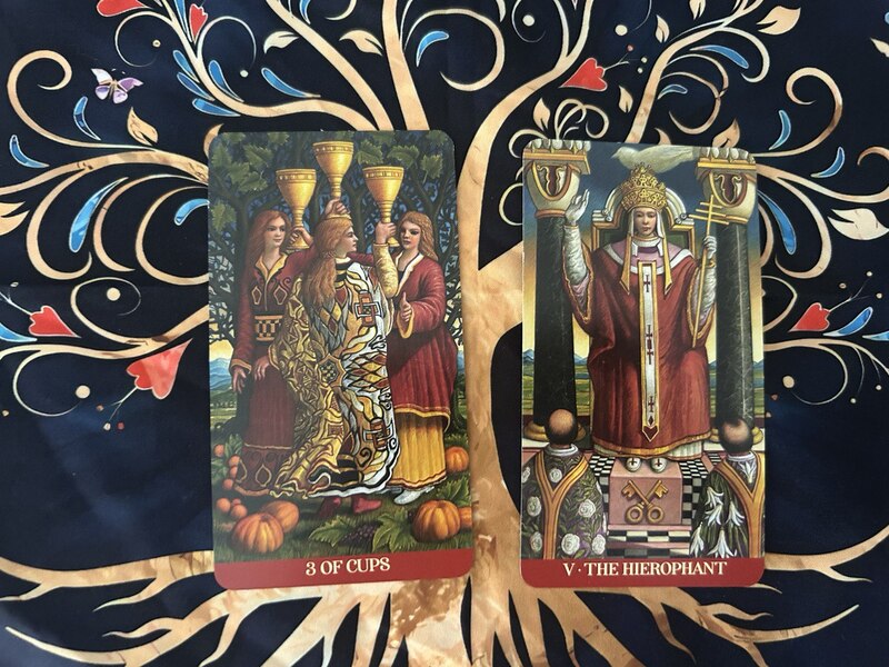 Three of Cups and The Hierophant photo by Tarot Institute