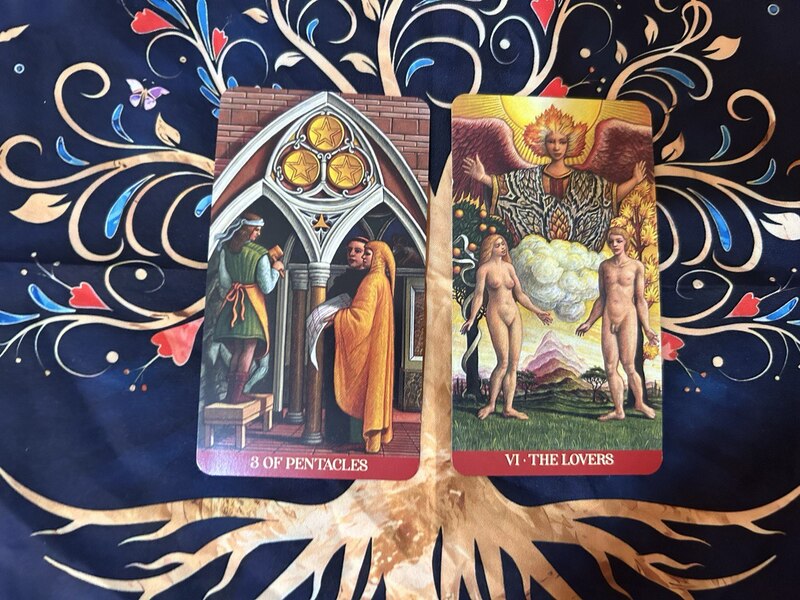 Three of Pentacles and The Lovers photo by Tarot Institute