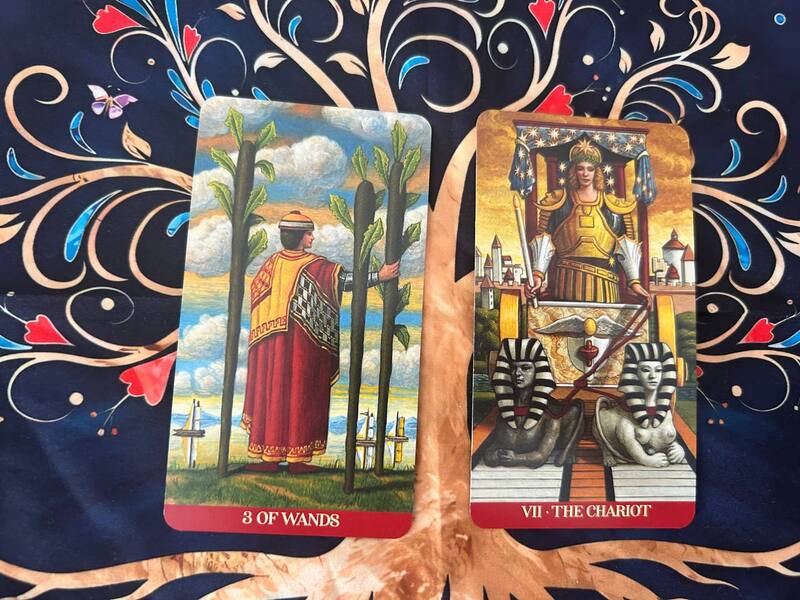 Three of Wands and The Chariot photo by Tarot Institute