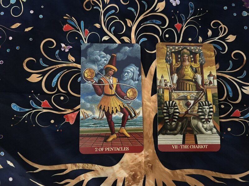 Two of Pentacles and The Chariot photo by Tarot Institute.