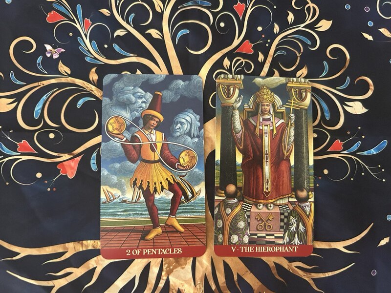 Two of Pentacles and The Hierophant photo by Tarot Institute