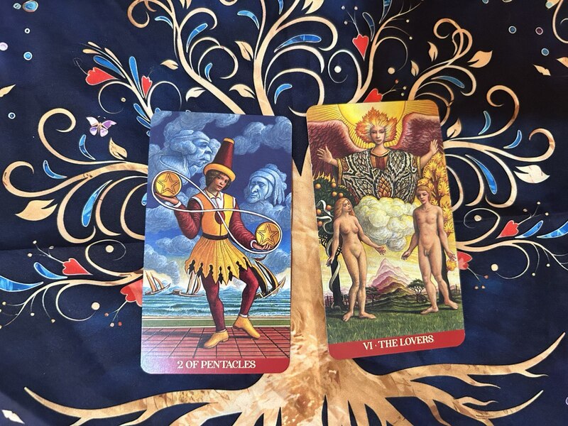 Two of Pentacles and The Lovers photo by Tarot Institute.