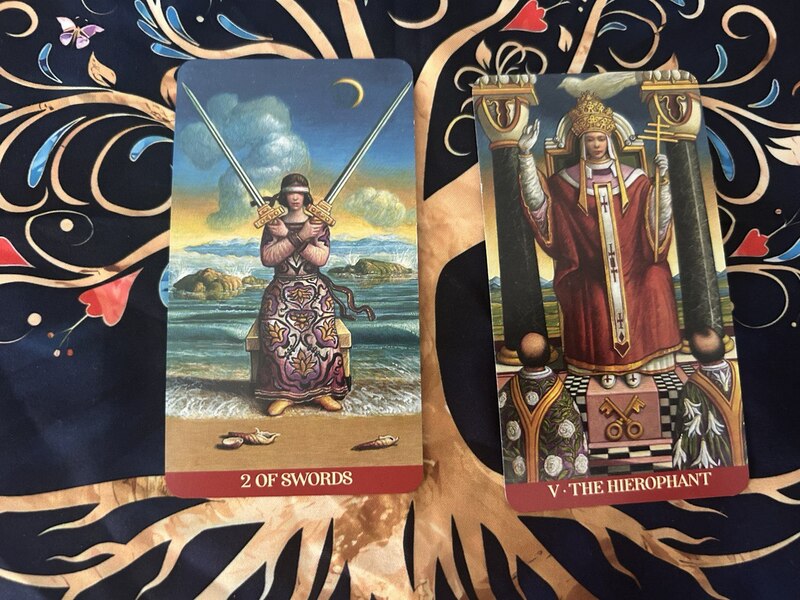 Two of Swords and The Hierophant photo by Tarot Institute