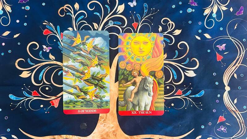 Eight of Wands and The Sun photo by Tarot Institute