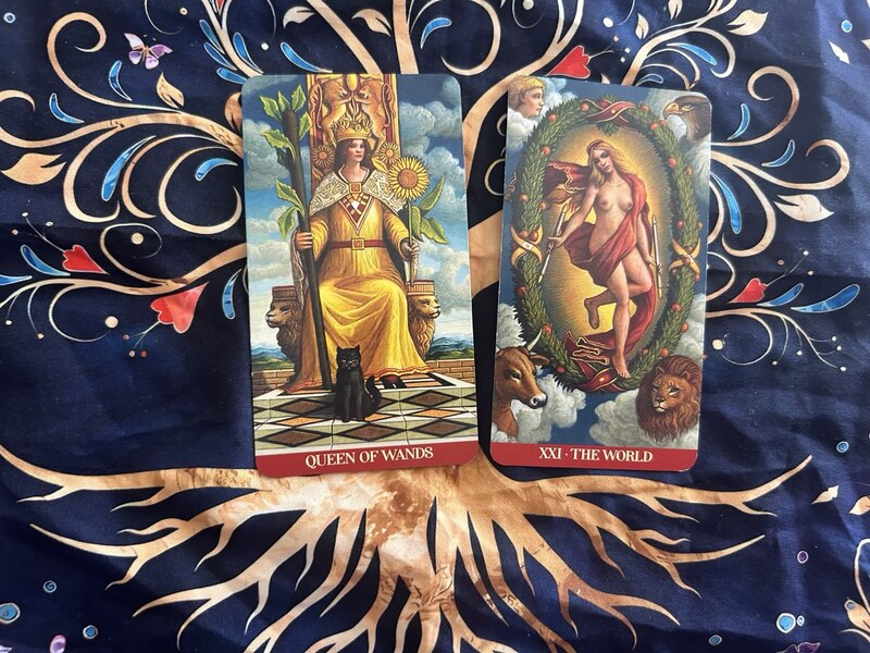 Queen of Wands and The World photo by Tarot Institute