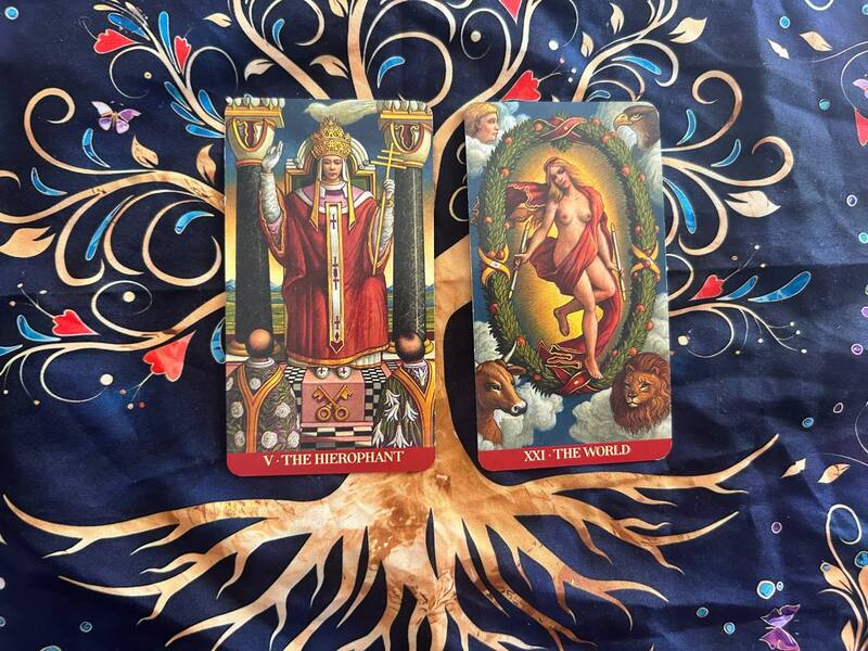 The Hierophant and The World photo by Tarot Institute.
